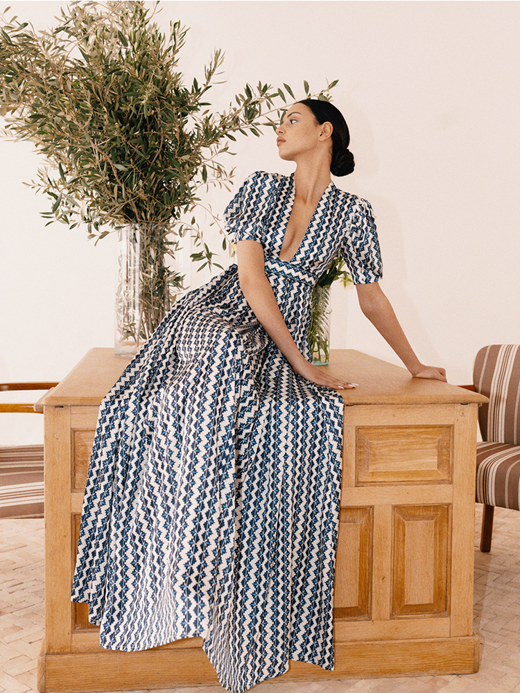 Alexia’s Dress in White and Blue Print Cotton