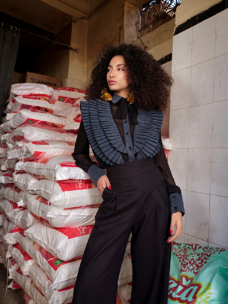 Karima Gray Denim & Black Muslin SHirt