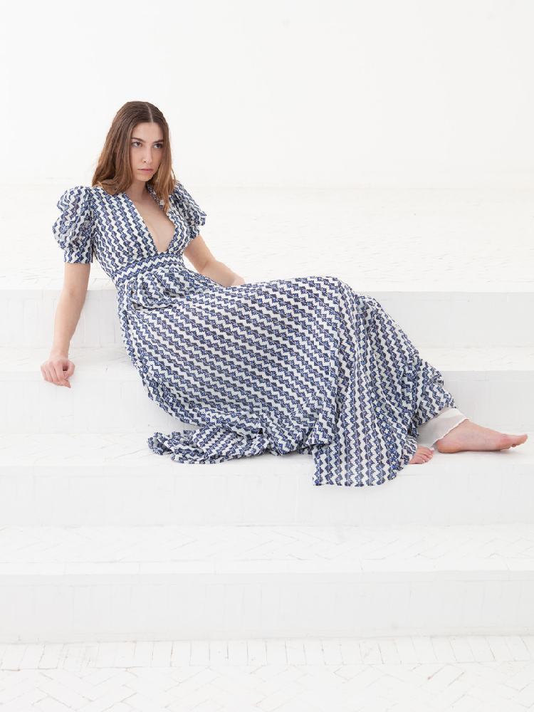 Alexia's Dress Cotton White & Blue Print