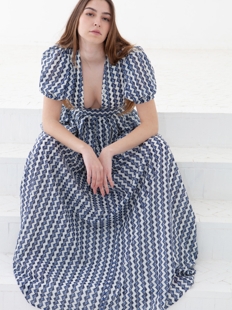 Alexia's Dress Cotton White & Blue Print