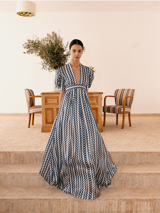 Alexia’s Dress in White and Blue Print Cotton